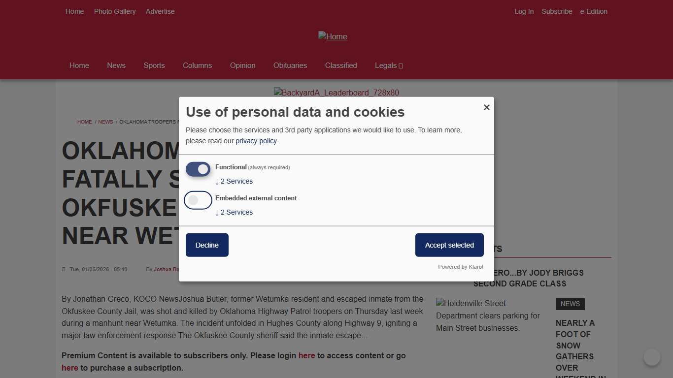 OKLAHOMA TROOPERS FATALLY SHOOT ESCAPED OKFUSKEE COUNTY INMATE NEAR WETUMKA Holdenville News
